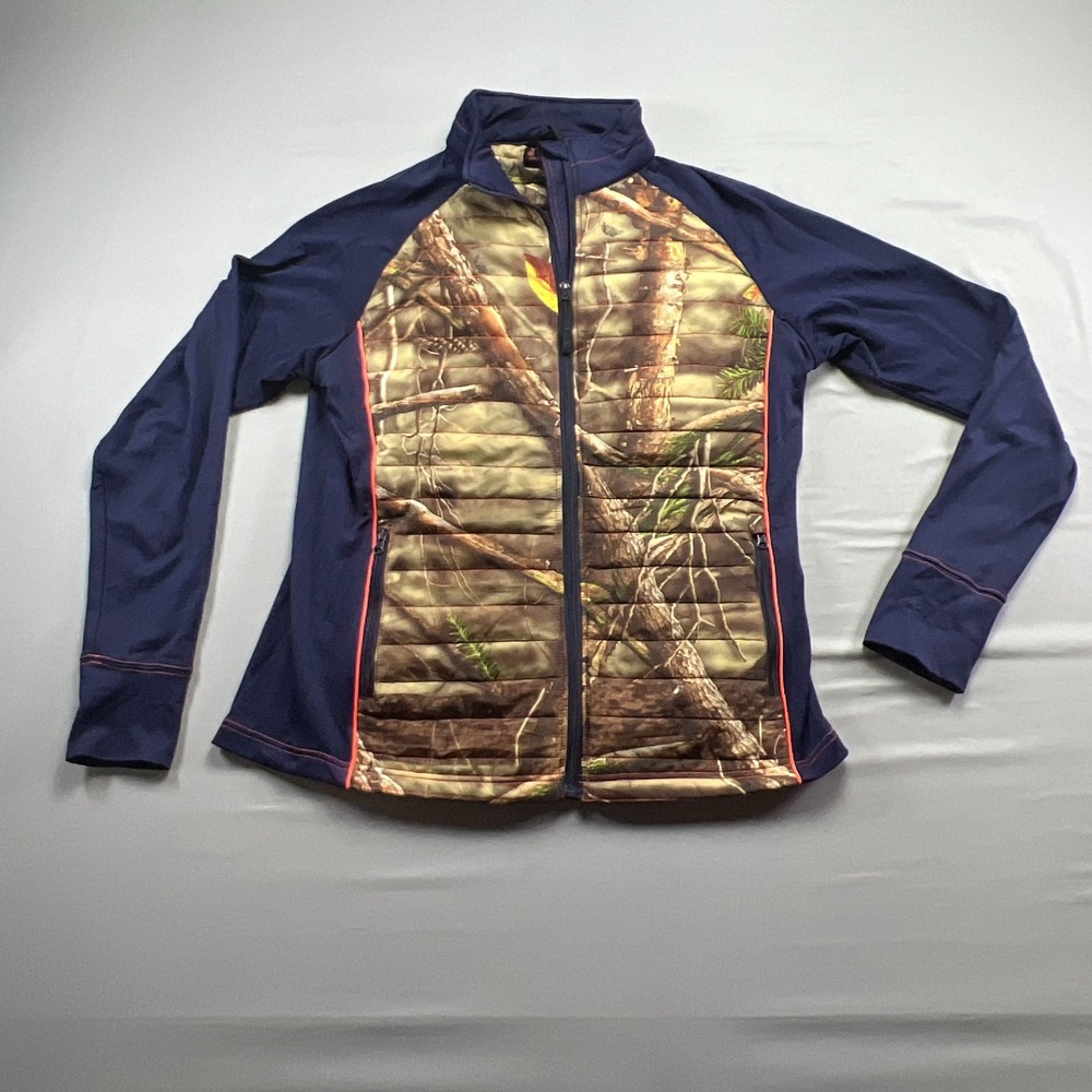 Huntworth Puffer Jacket Womens L Navy Camouflage Stretch Raglan Sleeve Full Zip